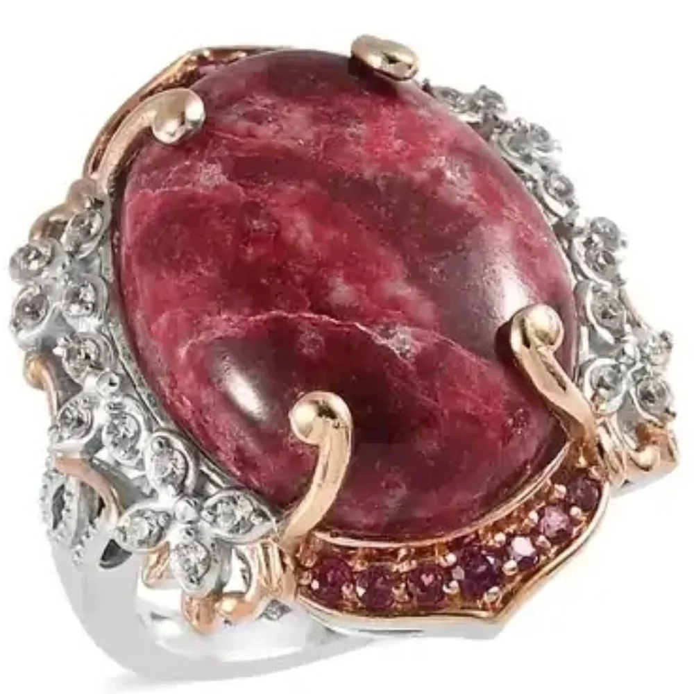 Norwegian Thulite Multi Gemstone Ring in Vermeil RG and Platinum O/Sterling Silv - Picture 1 of 8